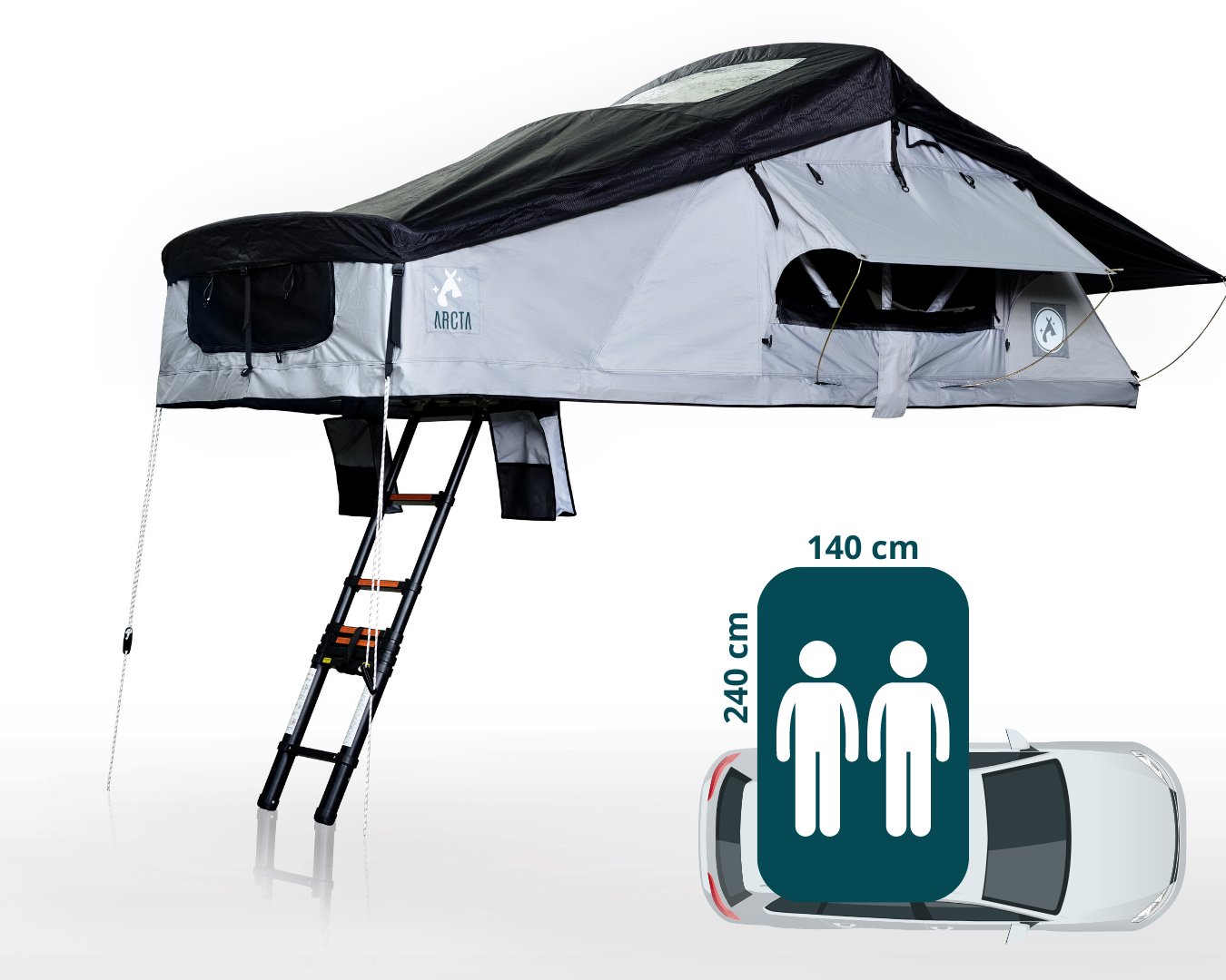 VIATOR 140 Dachzelt mit Leiter und Abmessungen für 2 Personen auf Autodach - ARCTA