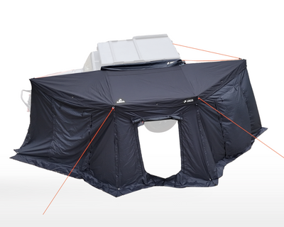 Schwarzer Vorraum für Curve 180, passend für Dachzelte, mit robusten Reißverschlüssen und Abspannseilen für Outdoor-Camping.