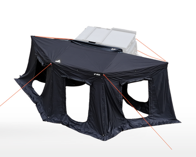 Vorraum für Curve 180 mit mehreren Eingängen und Fenstern, ideal für zusätzlichen Schutz und Komfort beim Camping.