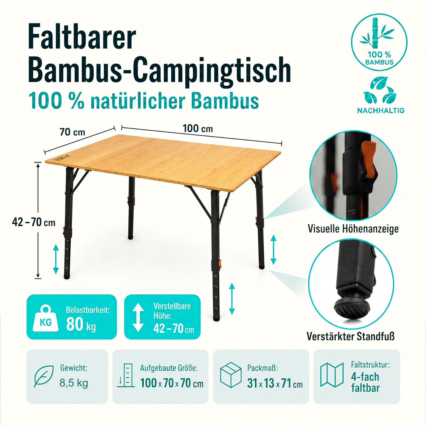 Bambus-Campingtisch klappbar & höhenverstellbar