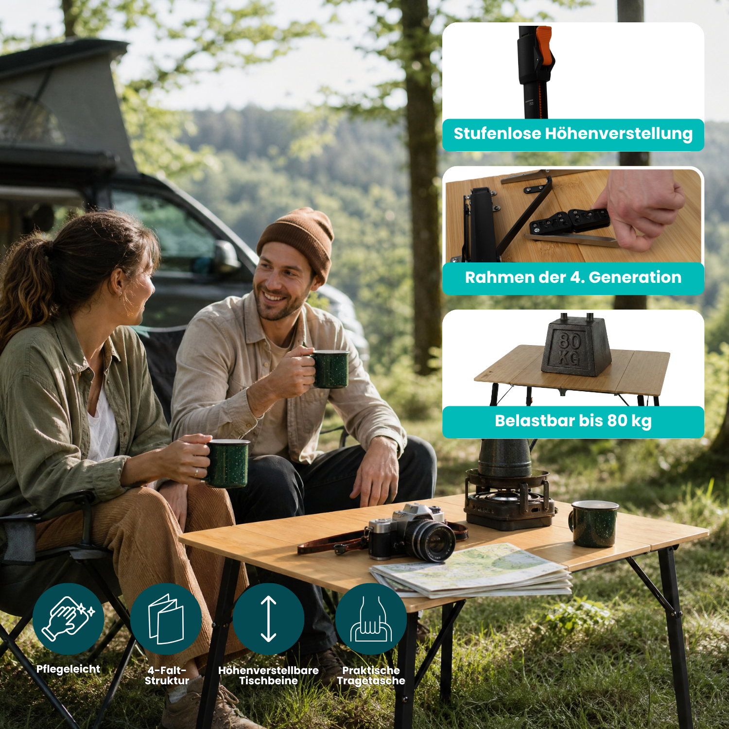 Bambus-Campingtisch klappbar & höhenverstellbar