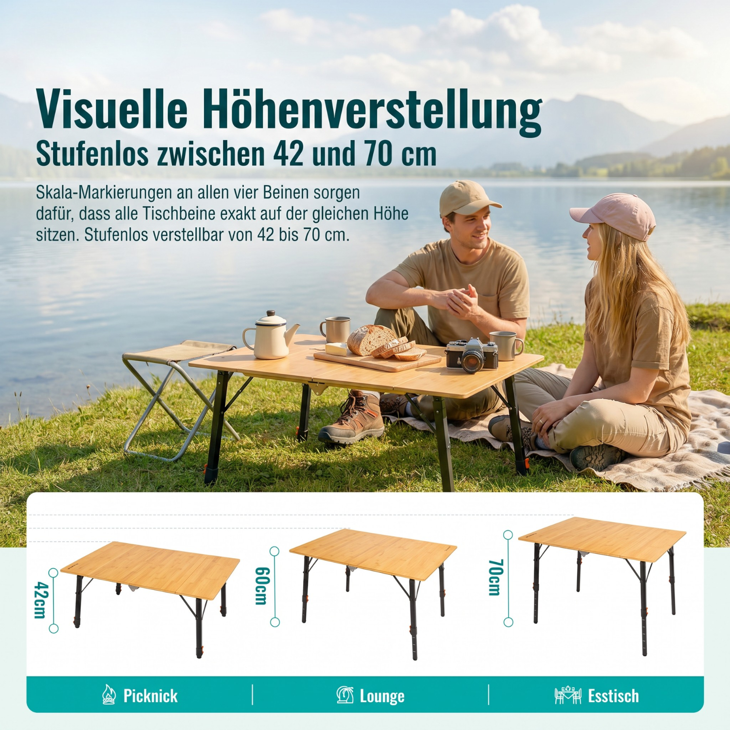 Bambus-Campingtisch klappbar & höhenverstellbar