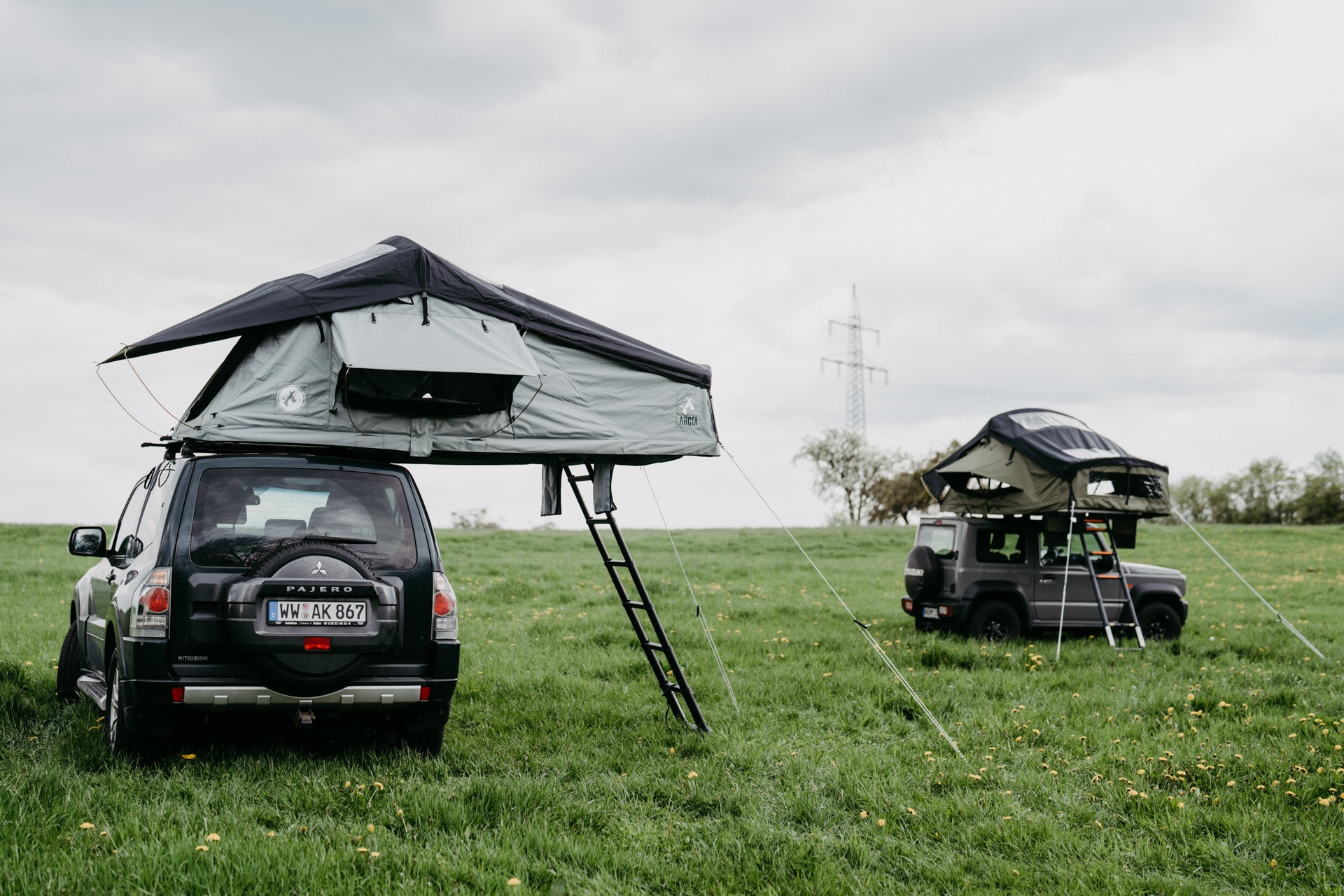 Zwei Autodachzelte aufgebaut im Grünen