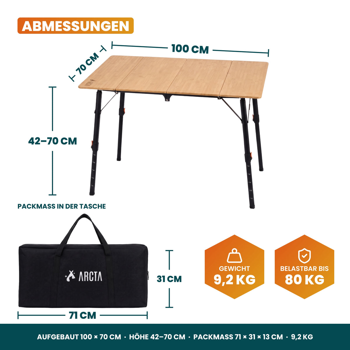 ARCTA Campingtisch Abmessungen: 100 × 70 cm, Höhe 42–70 cm, Packmaß 71 × 31 × 13 cm, 9,2 kg – Bild 4