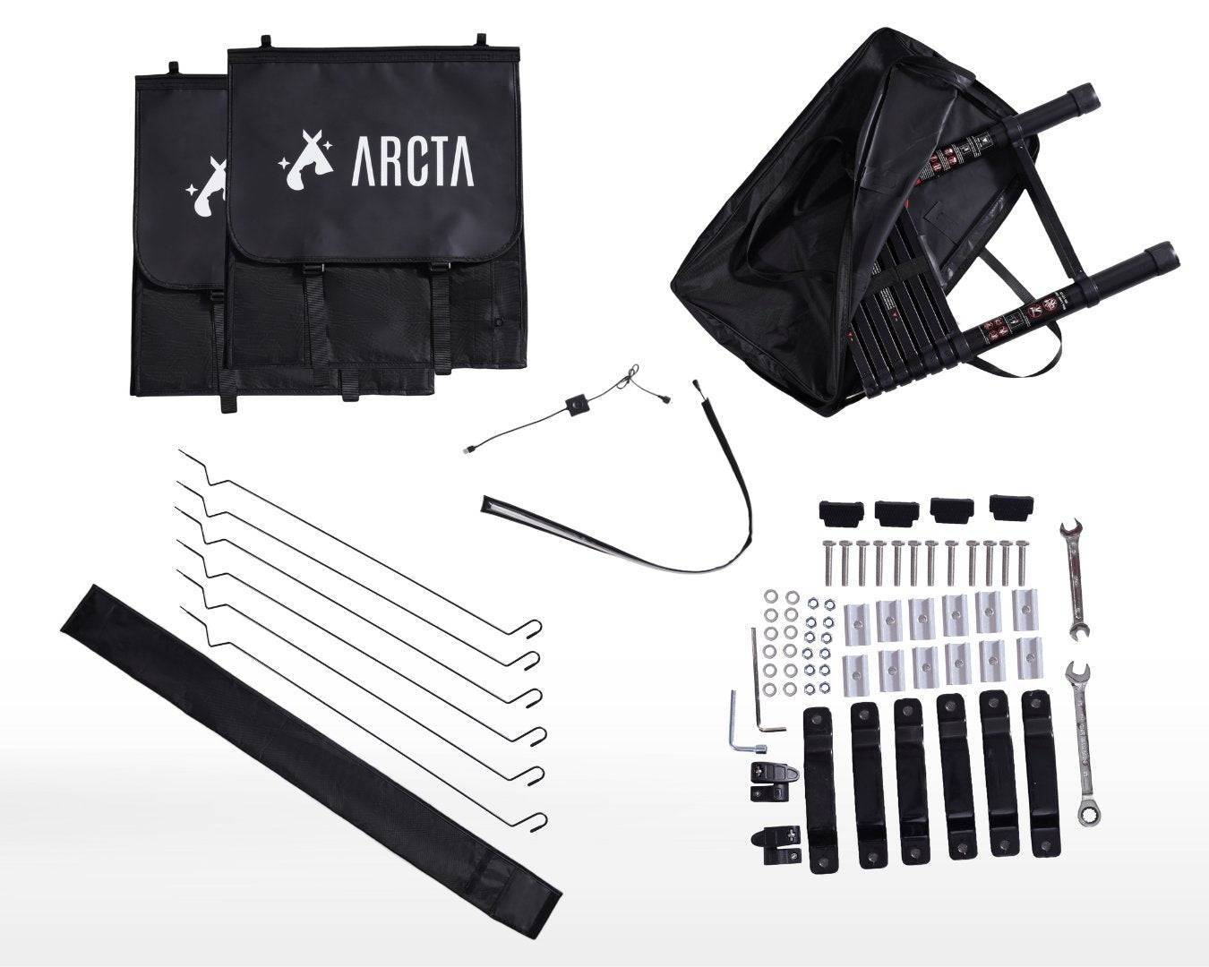 Darstellung des Lieferumfangs und Zubehörs für das Hybrid-Dachzelt Nucis von Arcta